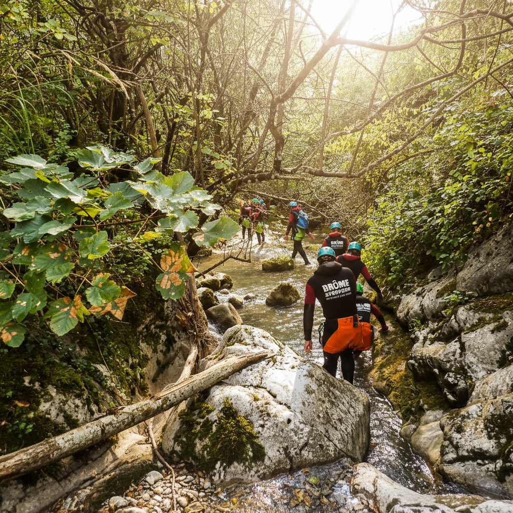 Family in canyoning in the gorges of the Drôme supervised by a professional guide
