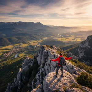 Randonneur in summer on the ridges of Vercors in the Drôme with clear view of the valleys